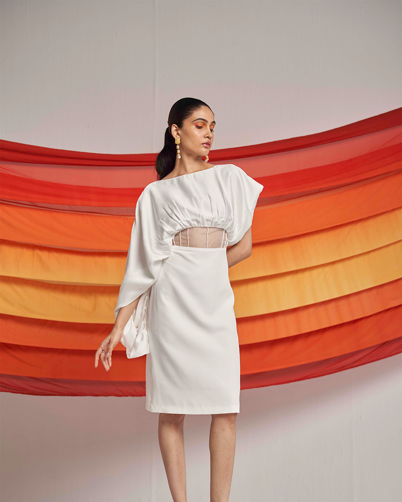Women's Ivory Asymmetric Corset Dress frontview