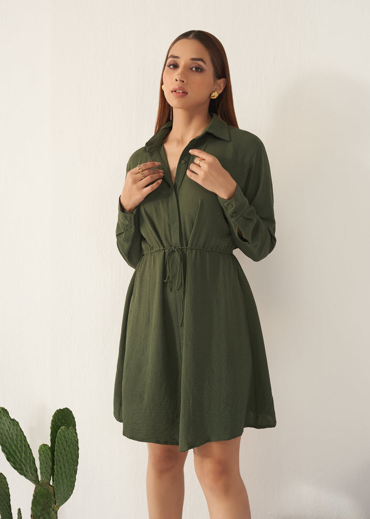 Pine Green Drawstring Shirt Dress Frontview