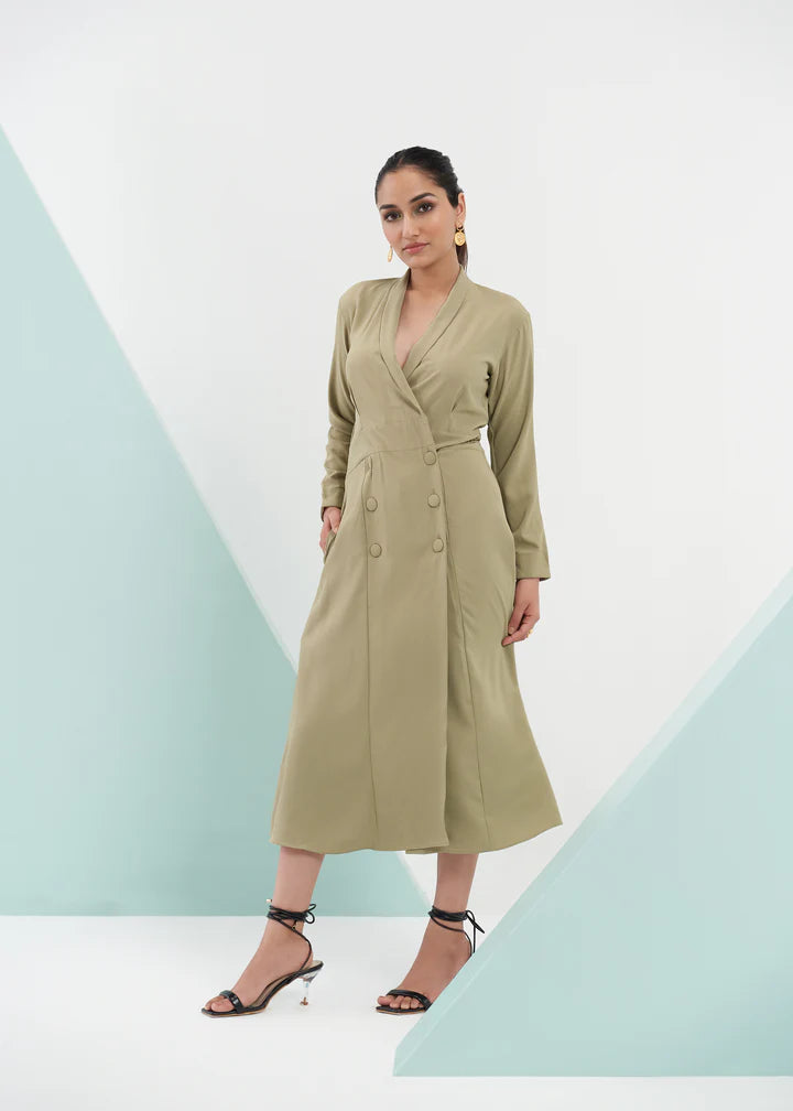 Olive green Double Breasted Midi Dress