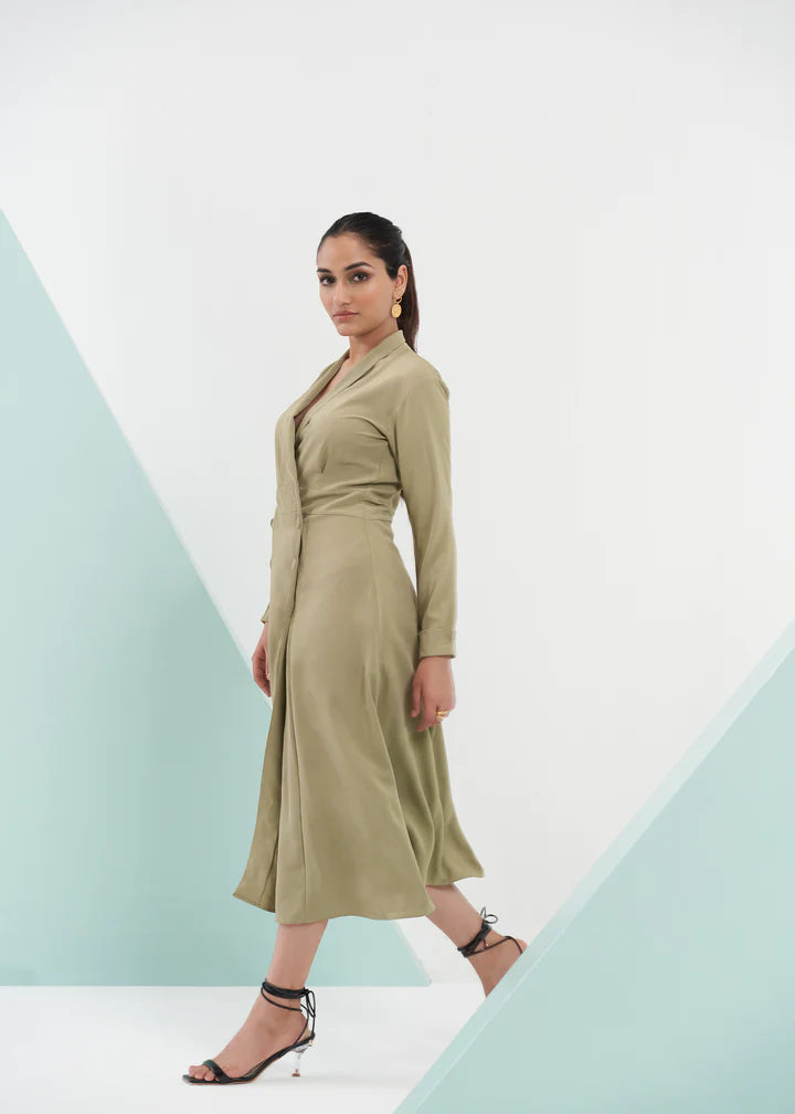 Olive green Double Breasted Midi Dress sideview