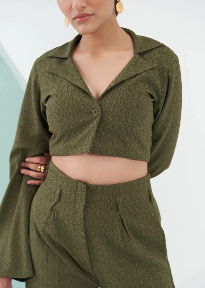 Olive Green Cropped Blazer for Women's Closeview