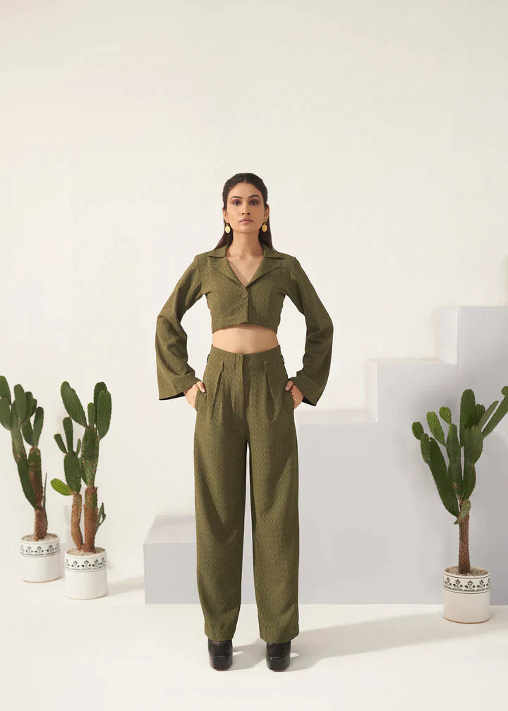 Olive Green Cropped Blazer for Women's Frontview