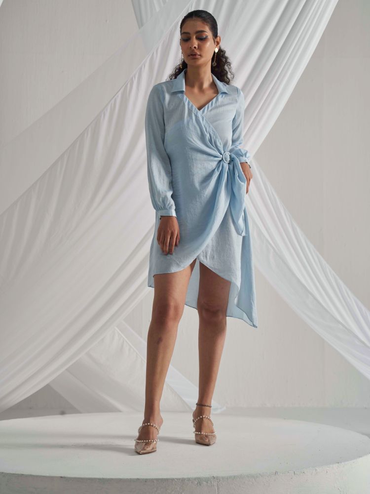 Eve Sky Blue Asymmetric Wrap Dress Frontside