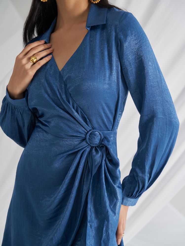 Eve Classic Blue Asymmetric Wrap Dress Closeview