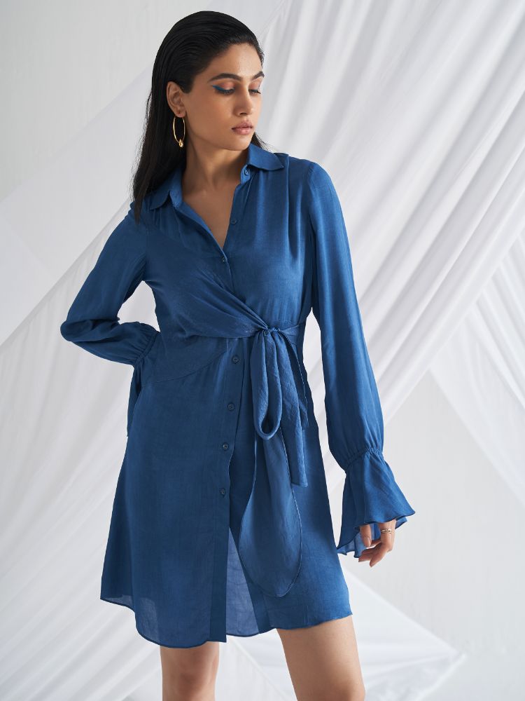 Classic Blue Asymmetric Wrap Dress Frontview