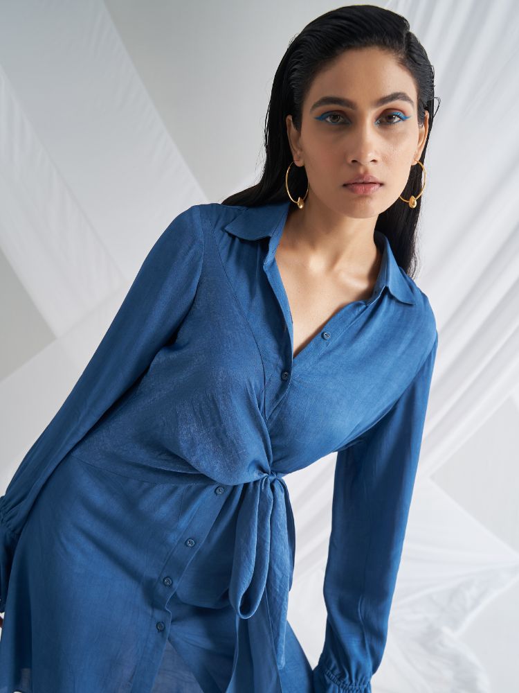 Classic Blue Asymmetric Wrap Dress Frontview