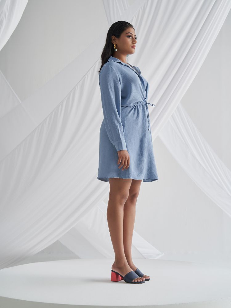 Tranquil Blue Drawstring Shirt Dress Sideview