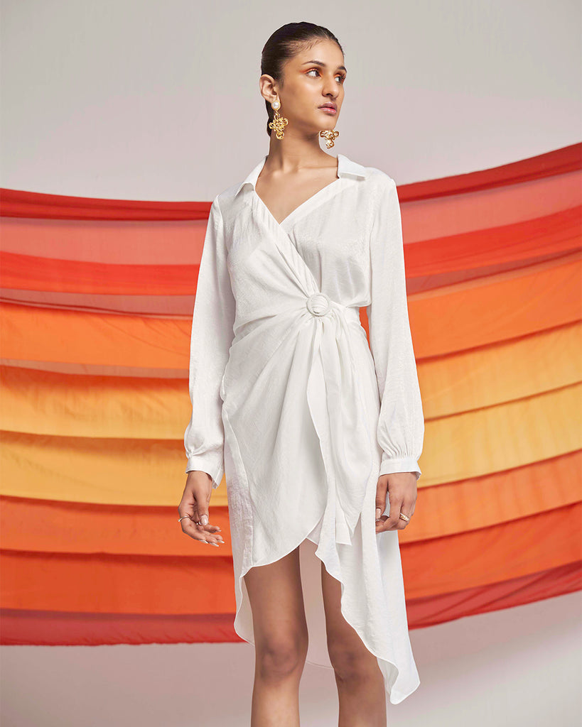 White Asymmetric Wrap Dress Frontview