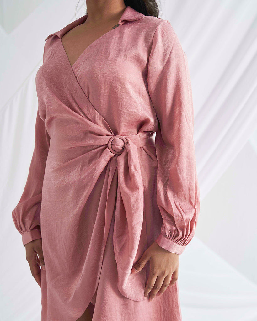 Eve Peach Pink Asymmetric Wrap Dress Closeview