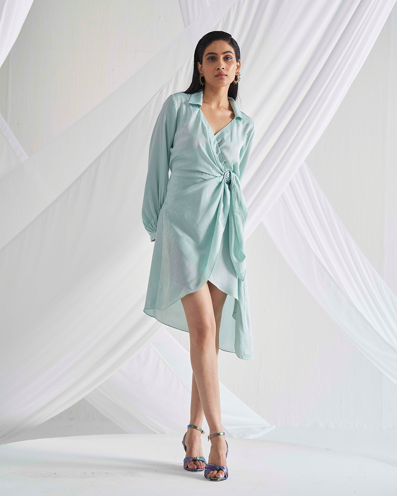 Eve Mint Green Asymmetric Wrap Dress Closeview
