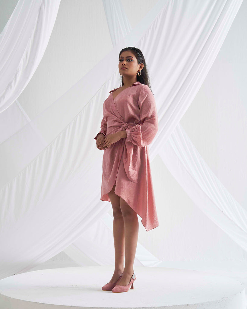 Eve Peach Pink Asymmetric Wrap Dress Sideview