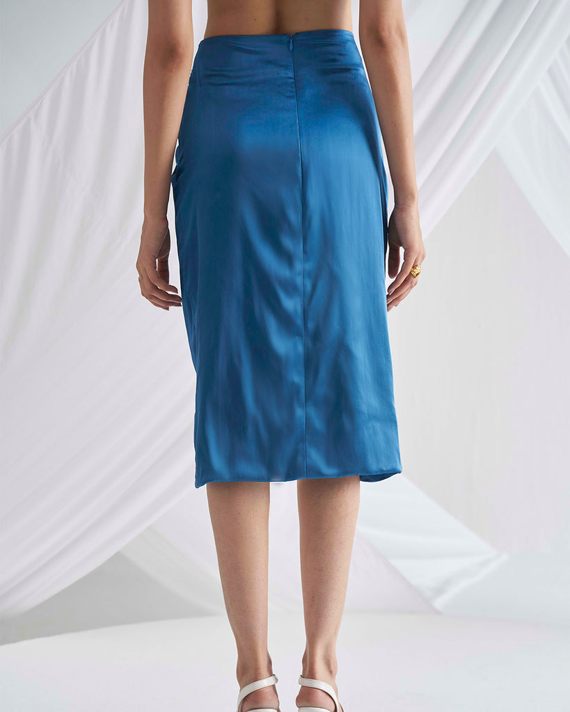 Classic Blue High Slit Asymmetric Maxi Skirt Backview