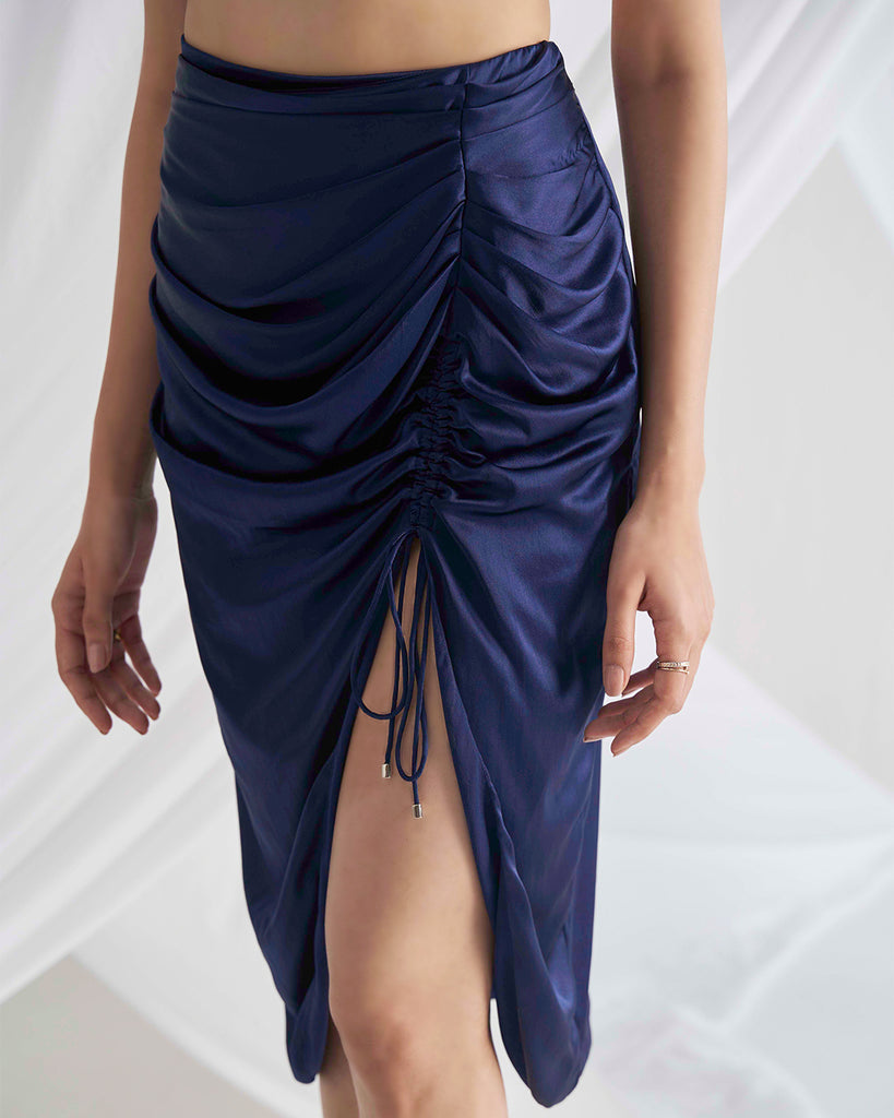 Midnight Blue High Slit Asymmetric Maxi Skirt Closeview