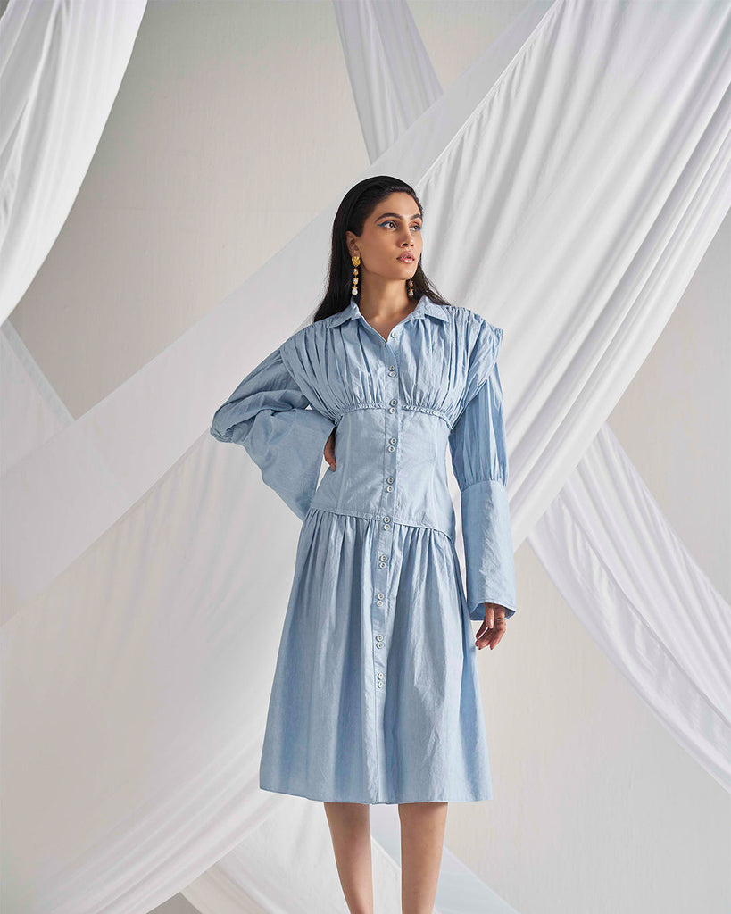 Women's Calf Length Blue Dress Frontview