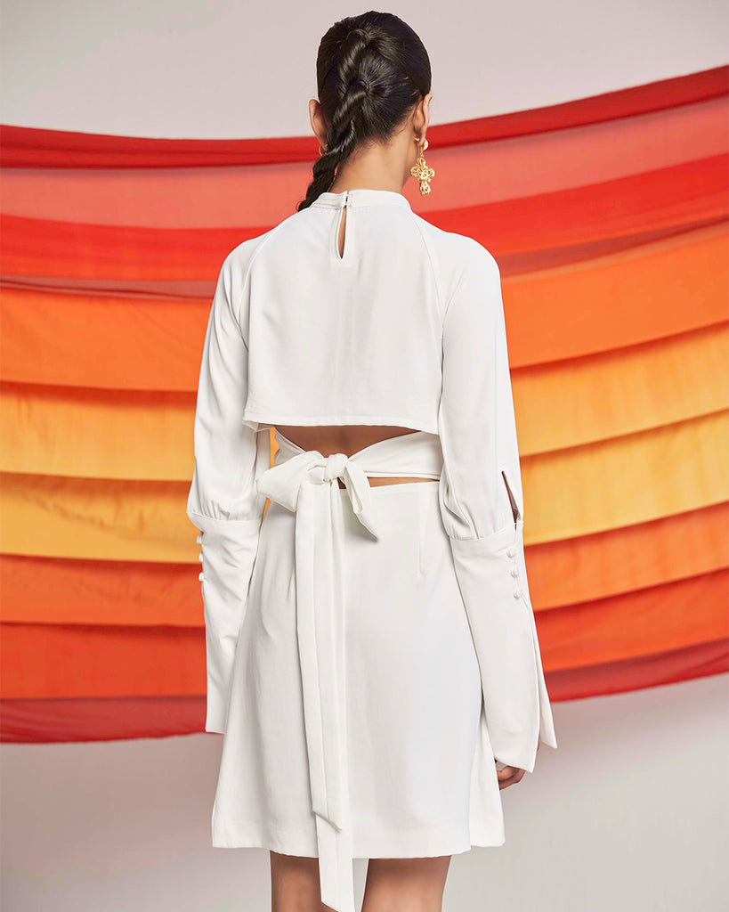 Women's White Waist Cut Tie-up Dress Backview