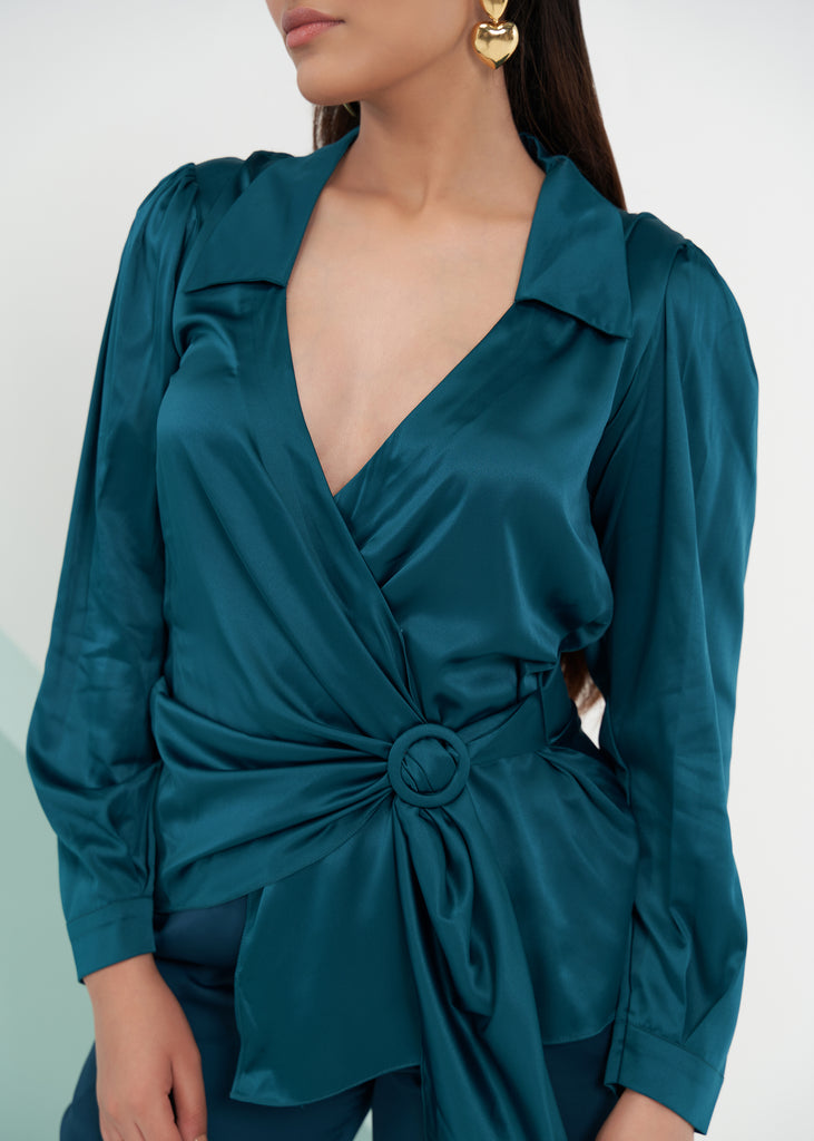 Ivana Sea Green Cuffed Sleeves Buckle Tie Up Top Closeview