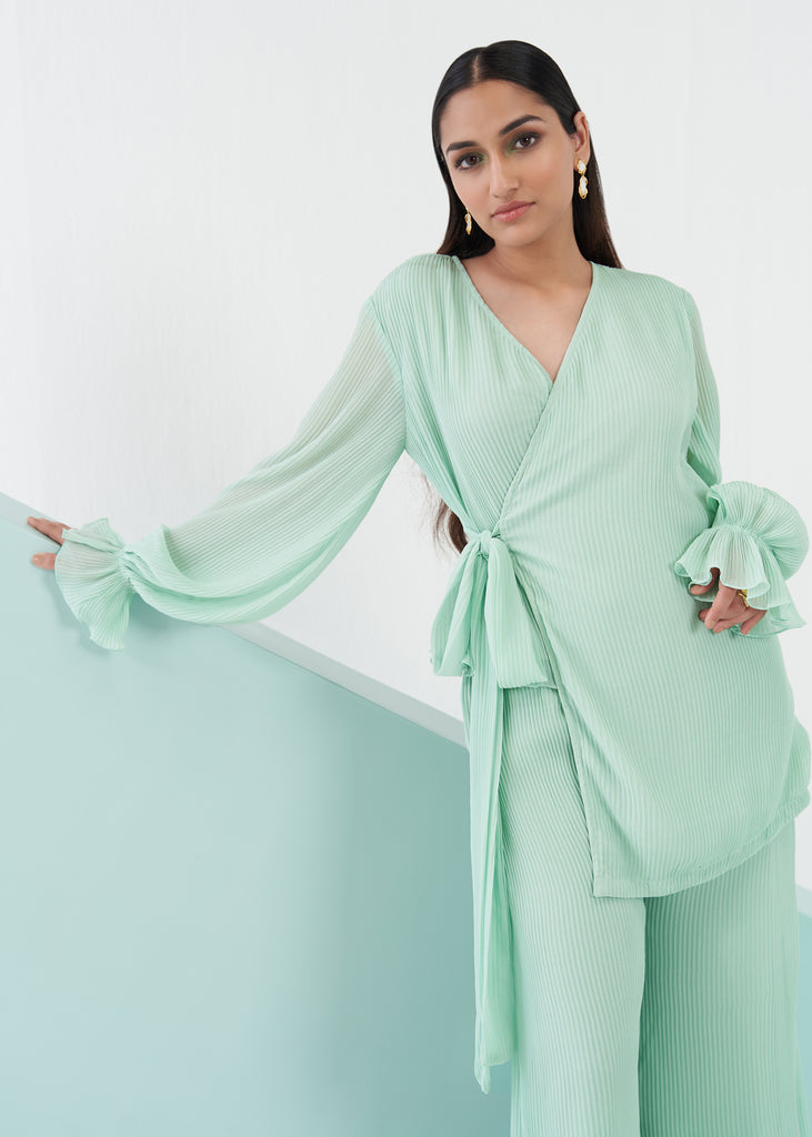 Kai Top Women's Tie-up Mint Green Pleated Top