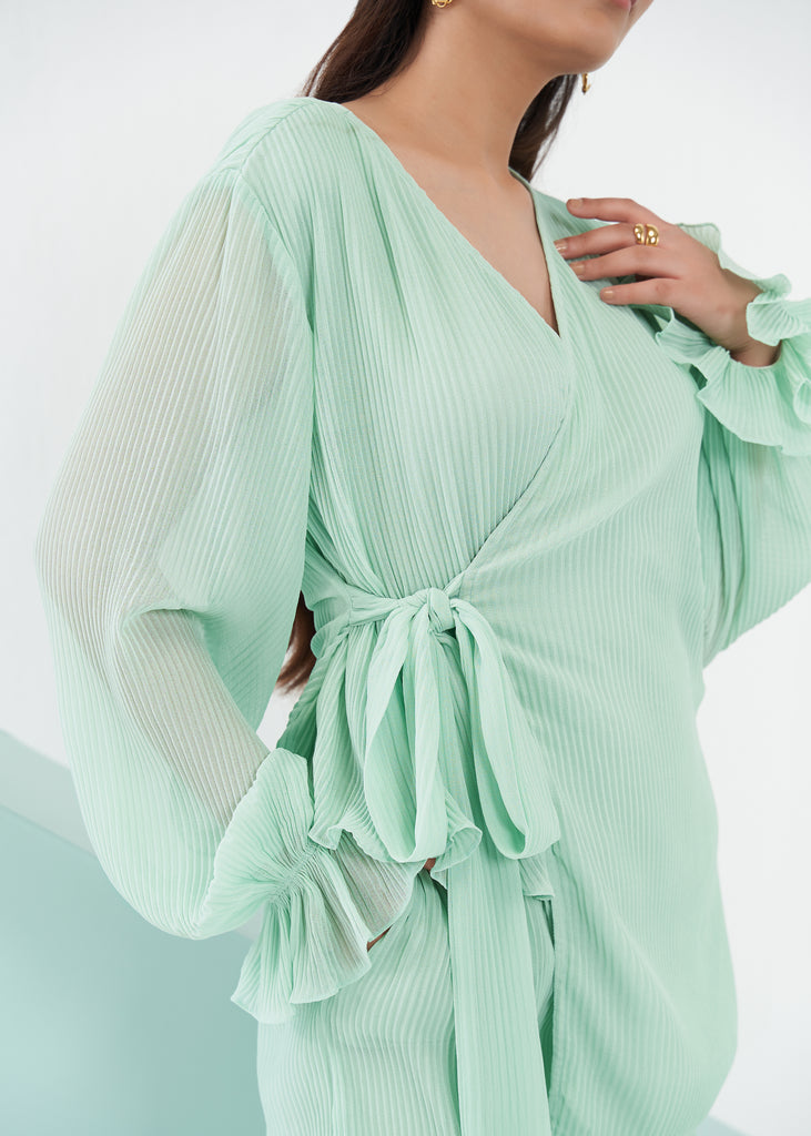 Kai Top Women's Tie-up Mint Green Pleated Top Closeview
