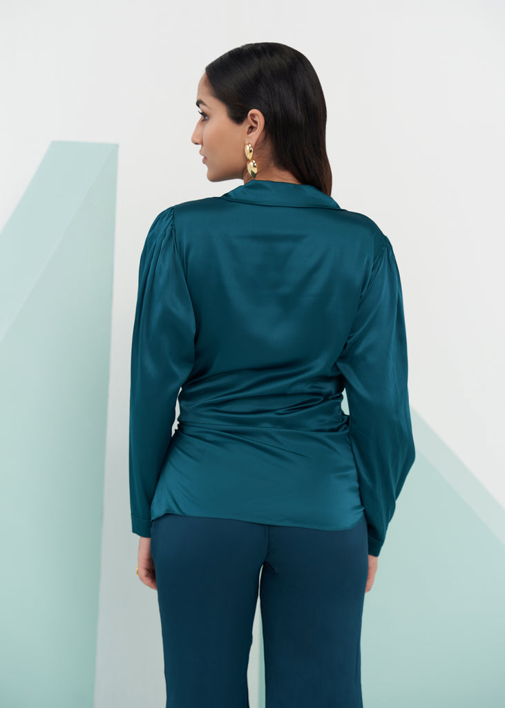 Ivana Sea Green Cuffed Sleeves Buckle Tie Up Top BackView