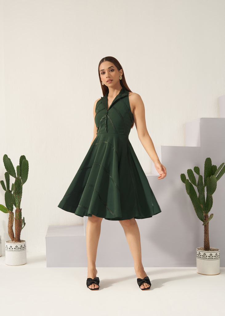 Dewy Pathalo Green Women's Halter neck Flared Dress