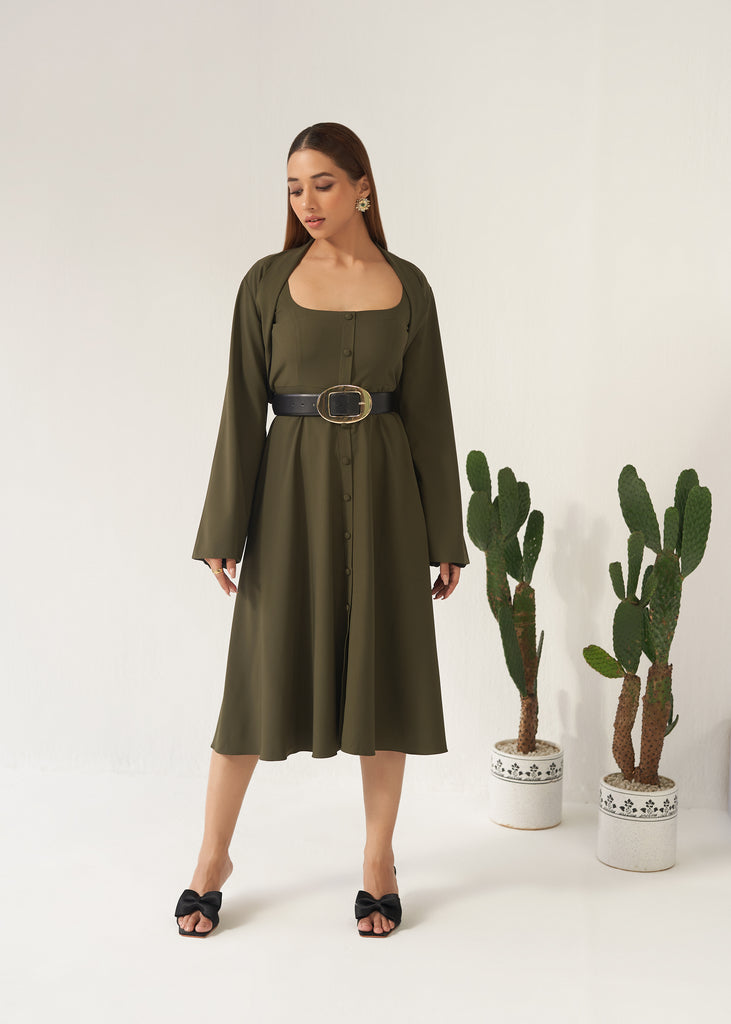 Cotton Thatch Green Midi Dress With Sleeves