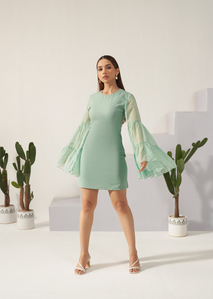 Flared Mint Party Dress With Sleeves