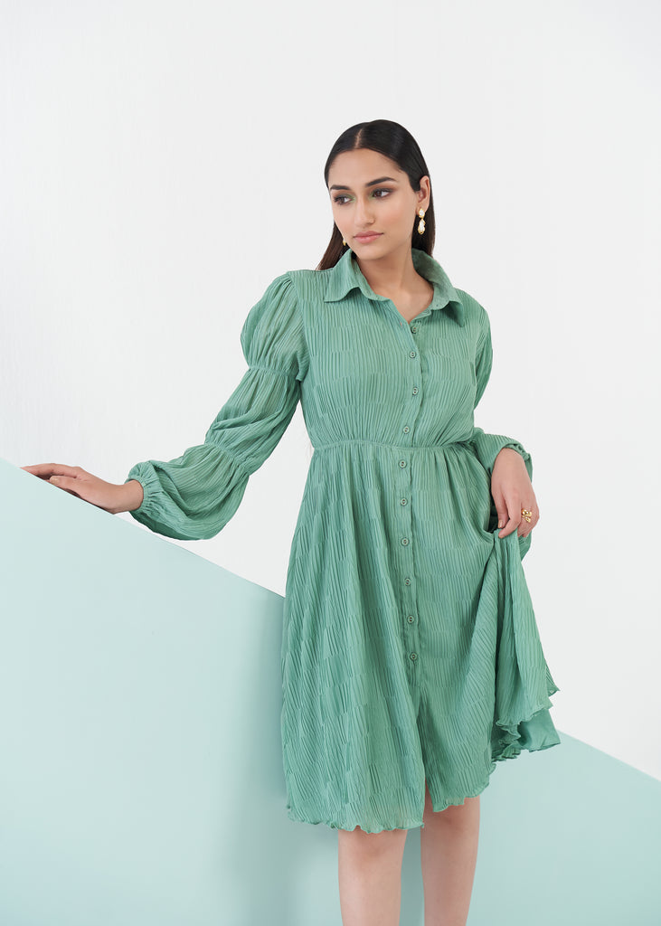 3 Tiered Sleeved Pleated Shirt Dress