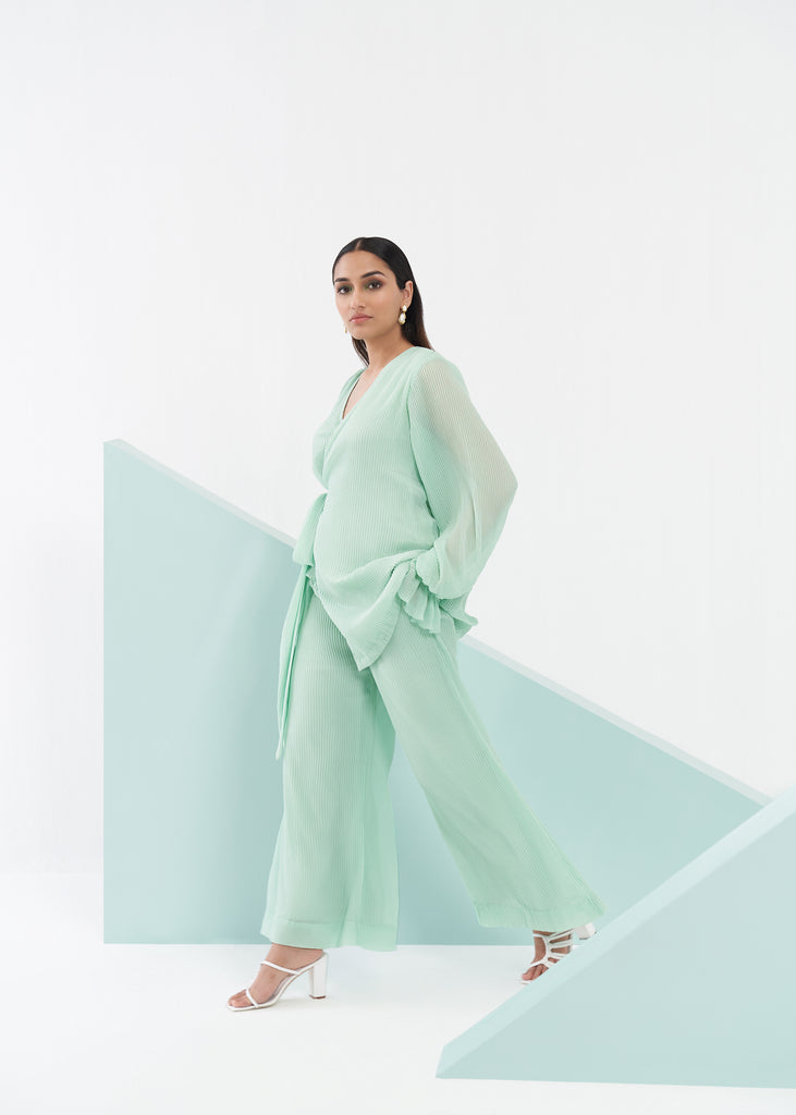 Kai Set Women's Tie-up Pleated Mint Green Co-ord Set Sideview