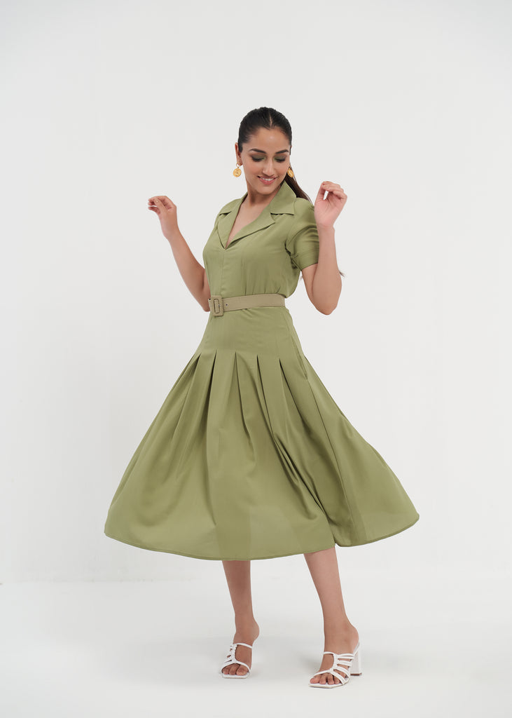 Jane Pleated Pistachio Green Shirt Dress With Sleeves