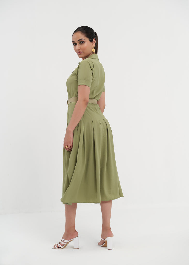 Jane Pleated Pistachio Green Shirt Dress With Sleeves Backview