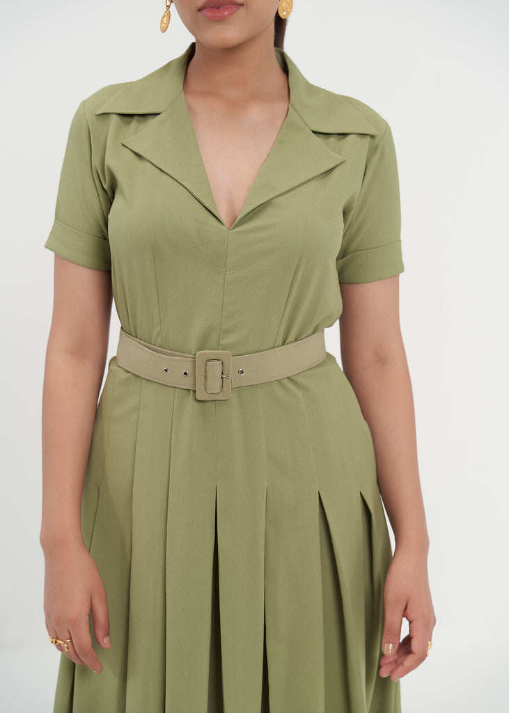 Jane Pleated Pistachio Green Shirt Dress With Sleeves Closeview
