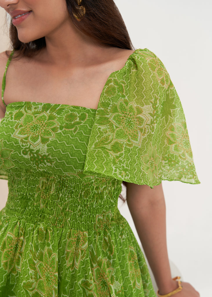 Heather Neckline Frill Lime green Dress For Women Closeview