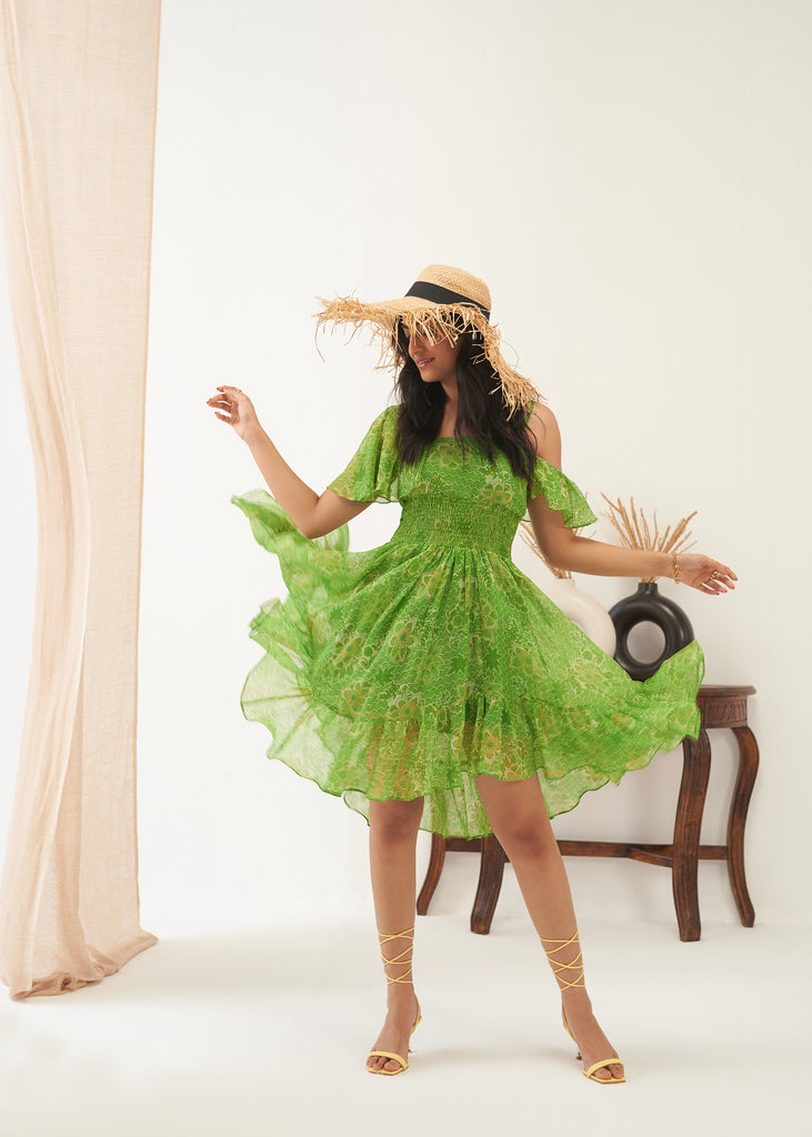 Heather Neckline Frill Lime green Dress For Women