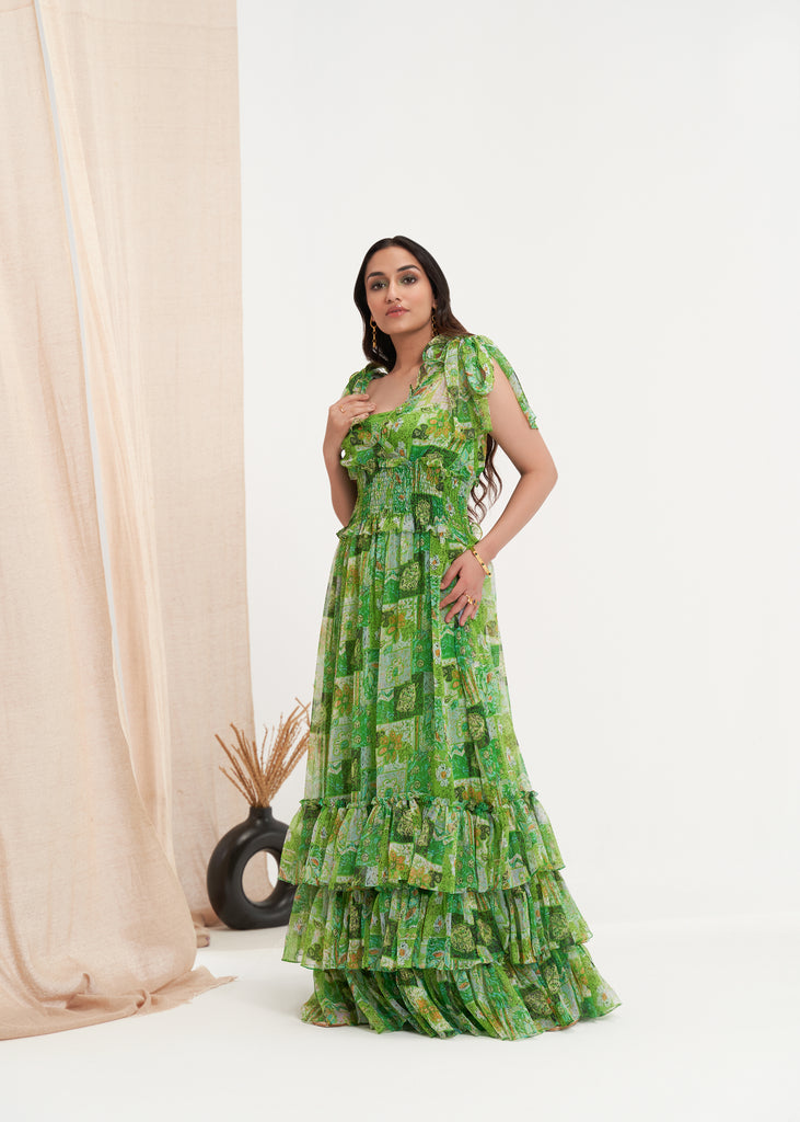 Avril Sprout Green Frill Maxi Dress With Tie Up Straps