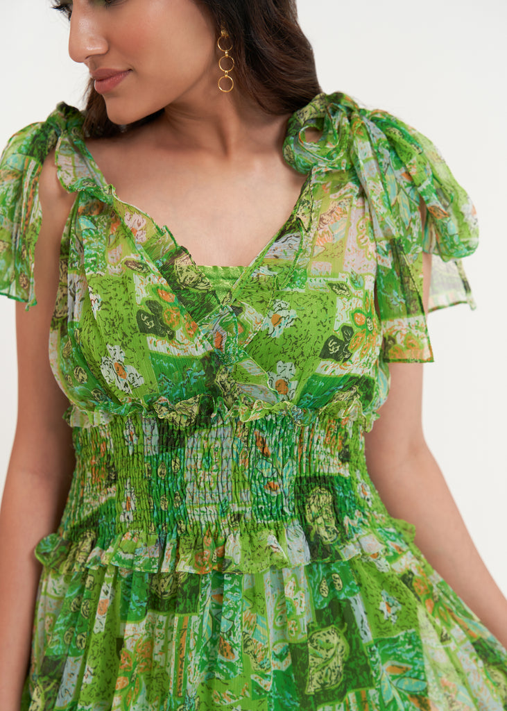 Avril Sprout Green Frill Maxi Dress With Tie Up Straps